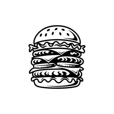 Uzun, çift katlı ya da üçlü çizburgerli, salatalı, peynirli ve sebzeli bir siyah-beyaz vektör ikonu. Kalın ve eski moda..