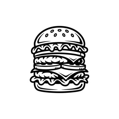 A simple black and white vector icon of a tall stacked double or triple cheeseburger with layers of bun lettuce cheese patties and vegetables. The style is bold and retro.