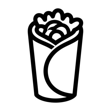 Dikey odaklı burrito ya da et fasulyeli pirinç ve marulla dolu bir dürümün koyu siyah ve beyaz vektör çizimi. Yemekler sıkıca tortilla ile sarılmış..