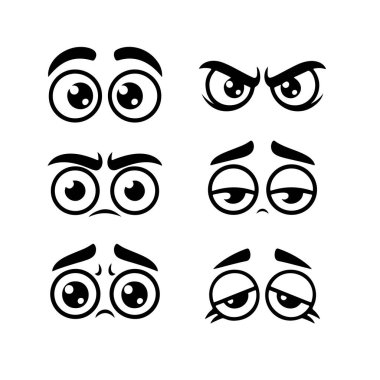 Karakterleri canlandırmak, duyguları ifade etmek veya grafik tasarım elementleri için ideal altı adet siyah beyaz çizgi film göz ifadesi (mutlu, kızgın, üzgün, yorgun)..