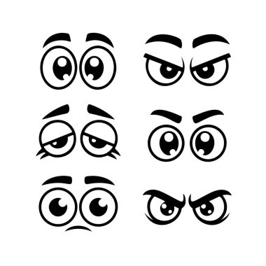 Karakterleri canlandırmak, duyguları ifade etmek veya grafik tasarım elementleri için ideal altı adet siyah beyaz çizgi film göz ifadesi (mutlu, kızgın, üzgün, yorgun)..