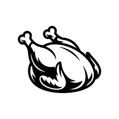 Koca bir kızarmış tavuk ya da hindinin tatil ya da şenlikli akşam yemeği için hazırlanmış koyu siyah ve beyaz vektör ikonu. Bacaklar birbirine bağlı ve stil basit ve grafiksel..