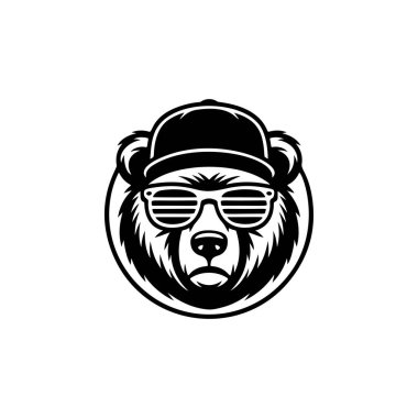 Havalı ayı maskotu baş vektörü, beyzbol şapkası takıyor ve retro çizgili panjurlar takıyor. Sokak kıyafetleri, hip-hop, şehir modası veya eSports marka takımı için tek renkli logo.