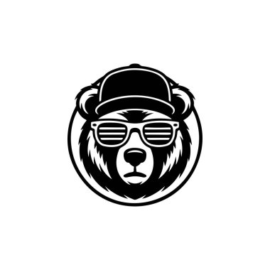 Havalı ayı maskotu baş vektörü, beyzbol şapkası takıyor ve retro çizgili panjurlar takıyor. Sokak kıyafetleri, hip-hop, şehir modası veya eSports marka takımı için tek renkli logo.