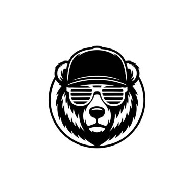 Havalı ayı maskotu baş vektörü, beyzbol şapkası takıyor ve retro çizgili panjurlar takıyor. Sokak kıyafetleri, hip-hop, şehir modası veya eSports marka takımı için tek renkli logo.