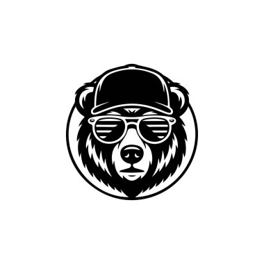 Havalı ayı maskotu baş vektörü, beyzbol şapkası takıyor ve retro çizgili panjurlar takıyor. Sokak kıyafetleri, hip-hop, şehir modası veya eSports marka takımı için tek renkli logo.
