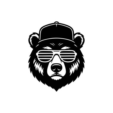 Havalı ayı maskotu baş vektörü, beyzbol şapkası takıyor ve retro çizgili panjurlar takıyor. Sokak kıyafetleri, hip-hop, şehir modası veya eSports marka takımı için tek renkli logo.