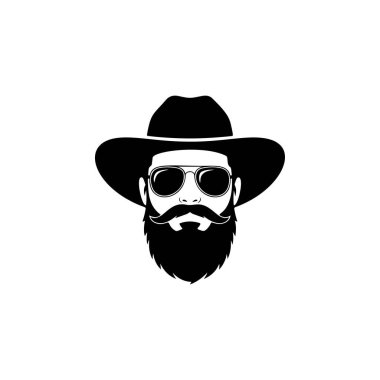 Geniş kenarlı şapka ve havacı güneş gözlüğü takan sakallı bir kovboyun havalı siyah beyaz vektör logosu Vahşi Batı 'yı, tarzını ve macerasını simgeliyor..