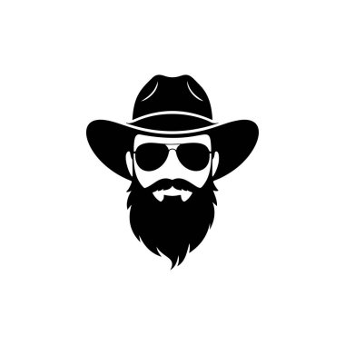 Geniş kenarlı şapka ve havacı güneş gözlüğü takan sakallı bir kovboyun havalı siyah beyaz vektör logosu Vahşi Batı 'yı, tarzını ve macerasını simgeliyor..