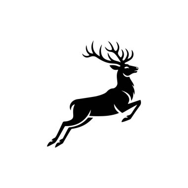 Asaleti, doğayı veya avcılığı temsil eden bir marka için ideal, büyük boynuzları gösteren, bir erkek geyik veya geyiğin görkemli siyah ve beyaz vektör logosu..