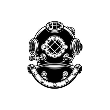 Klasik derin deniz dalgıcı kask çizelgesi. Eski moda dalış vites çizelgesi deniz logosu, macera simgesi ya da deniz keşif teması için mükemmel.