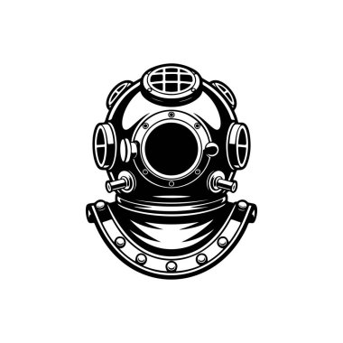 Klasik derin deniz dalgıcı kask çizelgesi. Eski moda dalış vites çizelgesi deniz logosu, macera simgesi ya da deniz keşif teması için mükemmel.