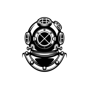 Klasik derin deniz dalgıcı kask çizelgesi. Eski moda dalış vites çizelgesi deniz logosu, macera simgesi ya da deniz keşif teması için mükemmel.