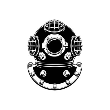 Klasik derin deniz dalgıcı kask çizelgesi. Eski moda dalış vites çizelgesi deniz logosu, macera simgesi ya da deniz keşif teması için mükemmel.