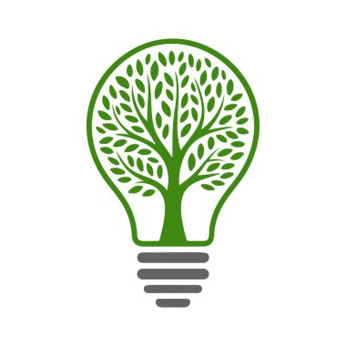İçinde büyüyen bir ağaç olan çevre dostu ampul vektörü. Çevre kampanyaları, yenilikler ve sürdürülebilir tasarım için yeşil enerji, doğa ve geri dönüşüm konsepti logosu mükemmel.