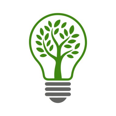 İçinde büyüyen bir ağaç olan çevre dostu ampul vektörü. Çevre kampanyaları, yenilikler ve sürdürülebilir tasarım için yeşil enerji, doğa ve geri dönüşüm konsepti logosu mükemmel.