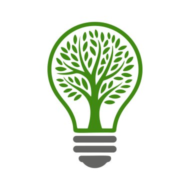 İçinde büyüyen bir ağaç olan çevre dostu ampul vektörü. Çevre kampanyaları, yenilikler ve sürdürülebilir tasarım için yeşil enerji, doğa ve geri dönüşüm konsepti logosu mükemmel.