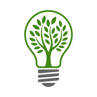 İçinde büyüyen bir ağaç olan çevre dostu ampul vektörü. Çevre kampanyaları, yenilikler ve sürdürülebilir tasarım için yeşil enerji, doğa ve geri dönüşüm konsepti logosu mükemmel.
