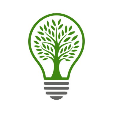İçinde büyüyen bir ağaç olan çevre dostu ampul vektörü. Çevre kampanyaları, yenilikler ve sürdürülebilir tasarım için yeşil enerji, doğa ve geri dönüşüm konsepti logosu mükemmel.