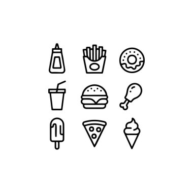 A set of nine bold black and white outline vector icons representing popular fast food items like a burger, fries, pizza slice, donut, and soft serve ice cream.