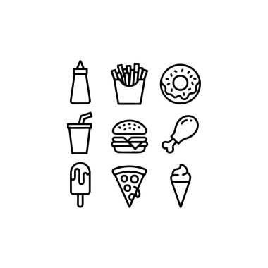 A set of nine bold black and white outline vector icons representing popular fast food items like a burger, fries, pizza slice, donut, and soft serve ice cream.