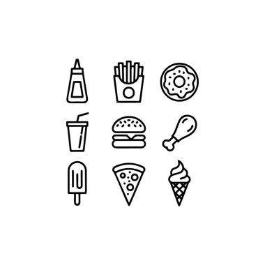 A set of nine bold black and white outline vector icons representing popular fast food items like a burger, fries, pizza slice, donut, and soft serve ice cream.