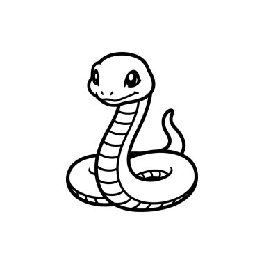 Kocaman gözleri ve dili dışarı fırlayan sevimli, mutlu, dost canlısı çizgi film yılan maskotunun basit bir siyah-beyaz çizimi. Tarzı çocuksu ve minimalist..
