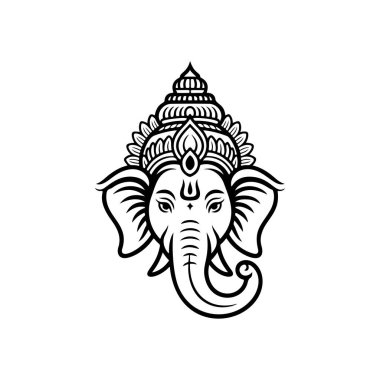Hindu tanrısı Ganesha 'nın kafasının ayrıntılı siyah beyaz çizgisi süslü bir taç ile süslenmiş bilgeliği, iyi talihi ve başarıyı simgeliyor..