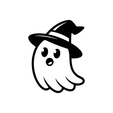 Cadı şapkası takan sevimli, şaşırmış bir hayalet maskotun basit bir siyah-beyaz çizimi. Tarzı çocuksu ve minimalist. Cadılar Bayramı ve ürkütücü temalar için mükemmel..