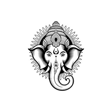 Hindu tanrısı Ganesha 'nın kafasının ayrıntılı siyah beyaz çizgisi süslü bir taç ile süslenmiş bilgeliği, iyi talihi ve başarıyı simgeliyor..