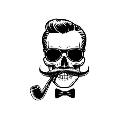Duman piposu, güneş gözlüğü, bıyık ve papyon içeren şık bir kafatası maskotu vektörü. Retro tarzı, bar, tütün veya giyim tasarımı için tek renkli hipster logosu.
