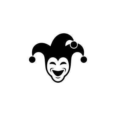 A laughing joker or court jester face with a traditional hat and bells, rendered in a bold black and white vector style, ideal for gaming or entertainment.