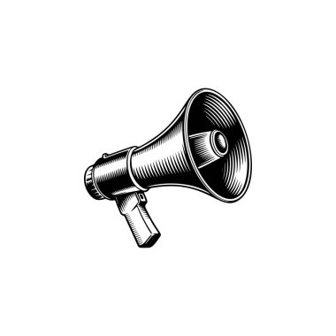 Bir megafon ya da megafonun retro-tarzı, siyah-beyaz vektör grafiği, iletişimi, protestoyu, duyuruyu, dikkati ve aciliyeti simgeliyor..