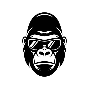 Modern bir marka, müzik etiketi veya modaya uygun giysi tasarımı için ideal, bir goril veya maymun yüzü güneş gözlüğü takan havalı, siyah ve beyaz bir vektör logosu.