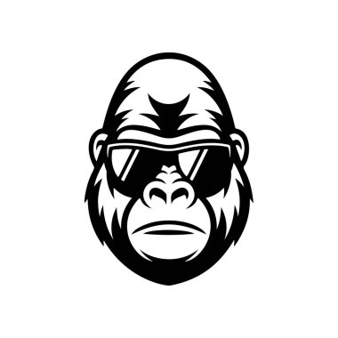Modern bir marka, müzik etiketi veya modaya uygun giysi tasarımı için ideal, bir goril veya maymun yüzü güneş gözlüğü takan havalı, siyah ve beyaz bir vektör logosu.