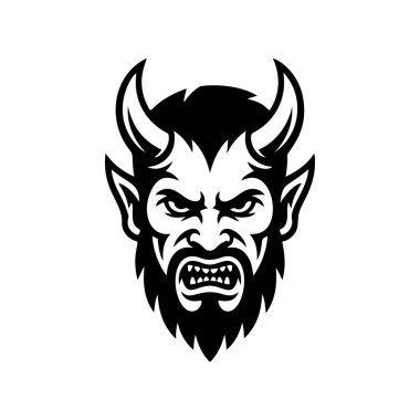 Sakallı ve boynuzlu öfkeli canavar kafa vektörü. Oyun için agresif monokromatik tasarım, eSports maskotu, fantezi illüstrasyonu veya heavy metal grubu logosu.