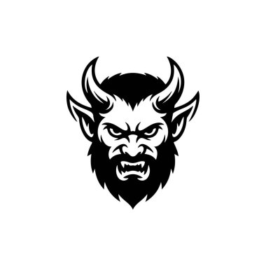 Sakallı ve boynuzlu öfkeli canavar kafa vektörü. Oyun için agresif monokromatik tasarım, eSports maskotu, fantezi illüstrasyonu veya heavy metal grubu logosu.