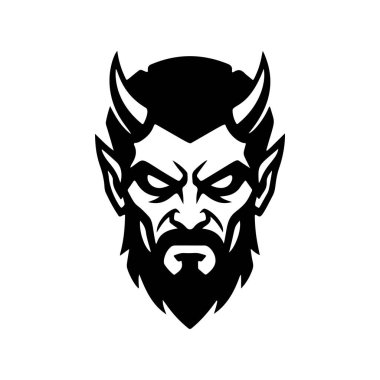 Sakallı ve boynuzlu öfkeli canavar kafa vektörü. Oyun için agresif monokromatik tasarım, eSports maskotu, fantezi illüstrasyonu veya heavy metal grubu logosu.