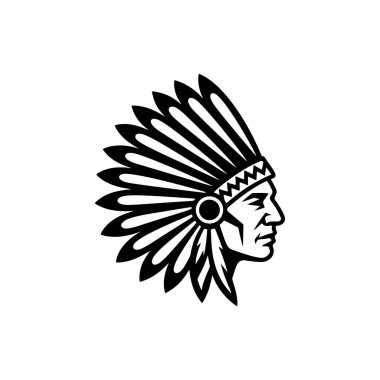 Geleneksel tüylü savaş şapkası (başlık) takan, gururu, mirası ve tarihi sembolize eden Amerikan yerlilerinin siyah beyaz profilli logosu..