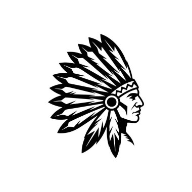 Geleneksel tüylü savaş şapkası (başlık) takan, gururu, mirası ve tarihi sembolize eden Amerikan yerlilerinin siyah beyaz profilli logosu..