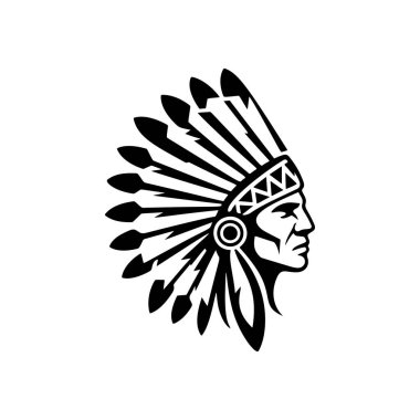 Geleneksel tüylü savaş şapkası (başlık) takan, gururu, mirası ve tarihi sembolize eden Amerikan yerlilerinin siyah beyaz profilli logosu..