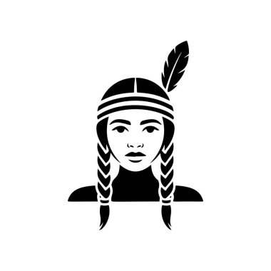 Saç örgüleri, saç bandı ve tüyle Amerikan yerlisi kadın portresi. Yerel kültür, miras, güç, dövme veya tarihsel temalar için tek renkli tasarım.