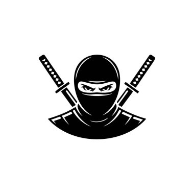 Çapraz katanalı bir ninja savaşçısının gizli siyah ve beyaz vektör logosu. Gizliliği, dövüş sanatlarını, gücü ve disiplini simgeliyor..
