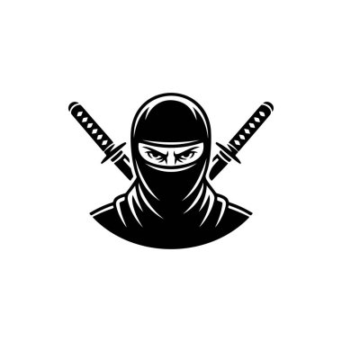 Çapraz katanalı bir ninja savaşçısının gizli siyah ve beyaz vektör logosu. Gizliliği, dövüş sanatlarını, gücü ve disiplini simgeliyor..