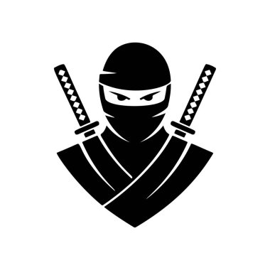 Çapraz katanalı bir ninja savaşçısının gizli siyah ve beyaz vektör logosu. Gizliliği, dövüş sanatlarını, gücü ve disiplini simgeliyor..