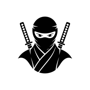 Çapraz katanalı bir ninja savaşçısının gizli siyah ve beyaz vektör logosu. Gizliliği, dövüş sanatlarını, gücü ve disiplini simgeliyor..