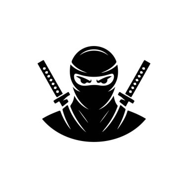 Çapraz katanalı bir ninja savaşçısının gizli siyah ve beyaz vektör logosu. Gizliliği, dövüş sanatlarını, gücü ve disiplini simgeliyor..