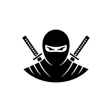 Çapraz katanalı bir ninja savaşçısının gizli siyah ve beyaz vektör logosu. Gizliliği, dövüş sanatlarını, gücü ve disiplini simgeliyor..