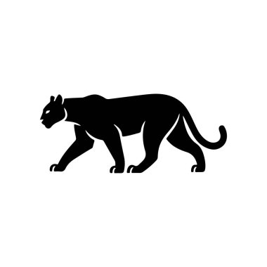 A bold black vector silhouette of a prowling or walking black panther cougar or mountain lion. The design is simple and dynamic representing speed power and wild nature.