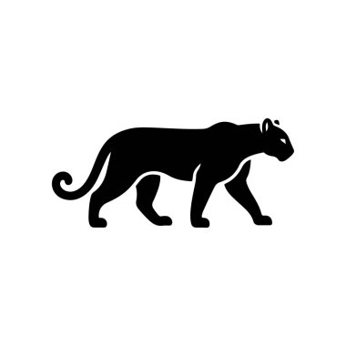 A bold black vector silhouette of a prowling or walking black panther cougar or mountain lion. The design is simple and dynamic representing speed power and wild nature.
